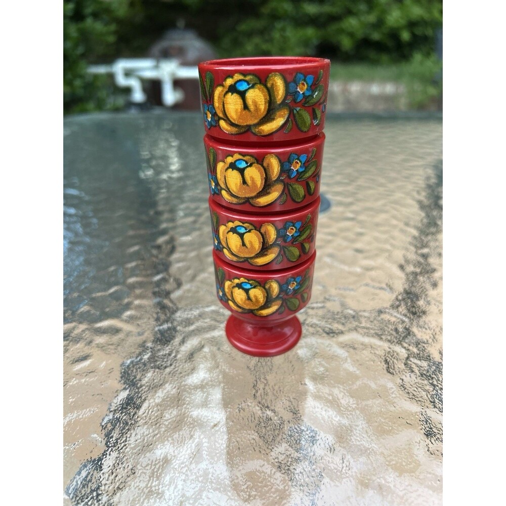 Set Of 4 Vintage Germany 70s 60s Plastic Red with Flowers Egg Cup by Emsa W.